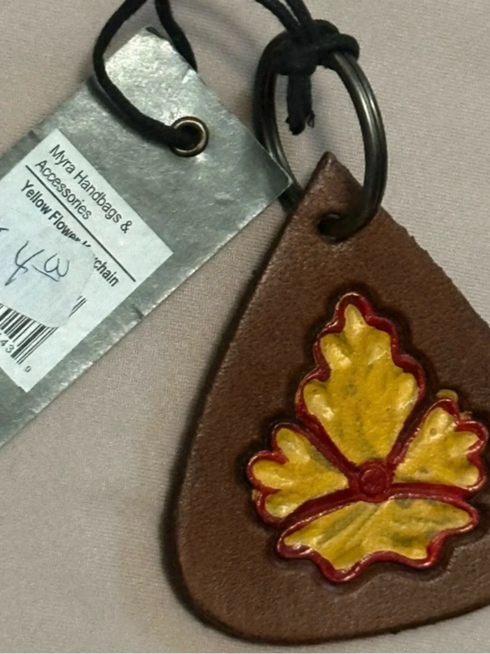 Myra Bag Leather Leaf Keychain with Yellow Flower Accent